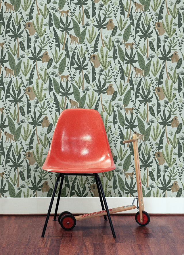 Kiki Green Monkeys Wallpaper with Jungle Leaf Pattern - Chesapeake 4060-139073