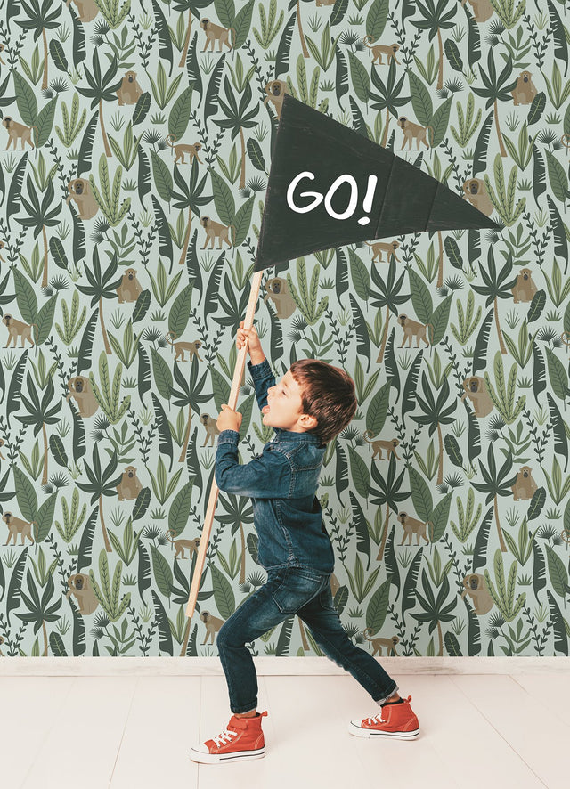 Kiki Green Monkeys Wallpaper with Jungle Leaf Pattern - Chesapeake 4060-139073