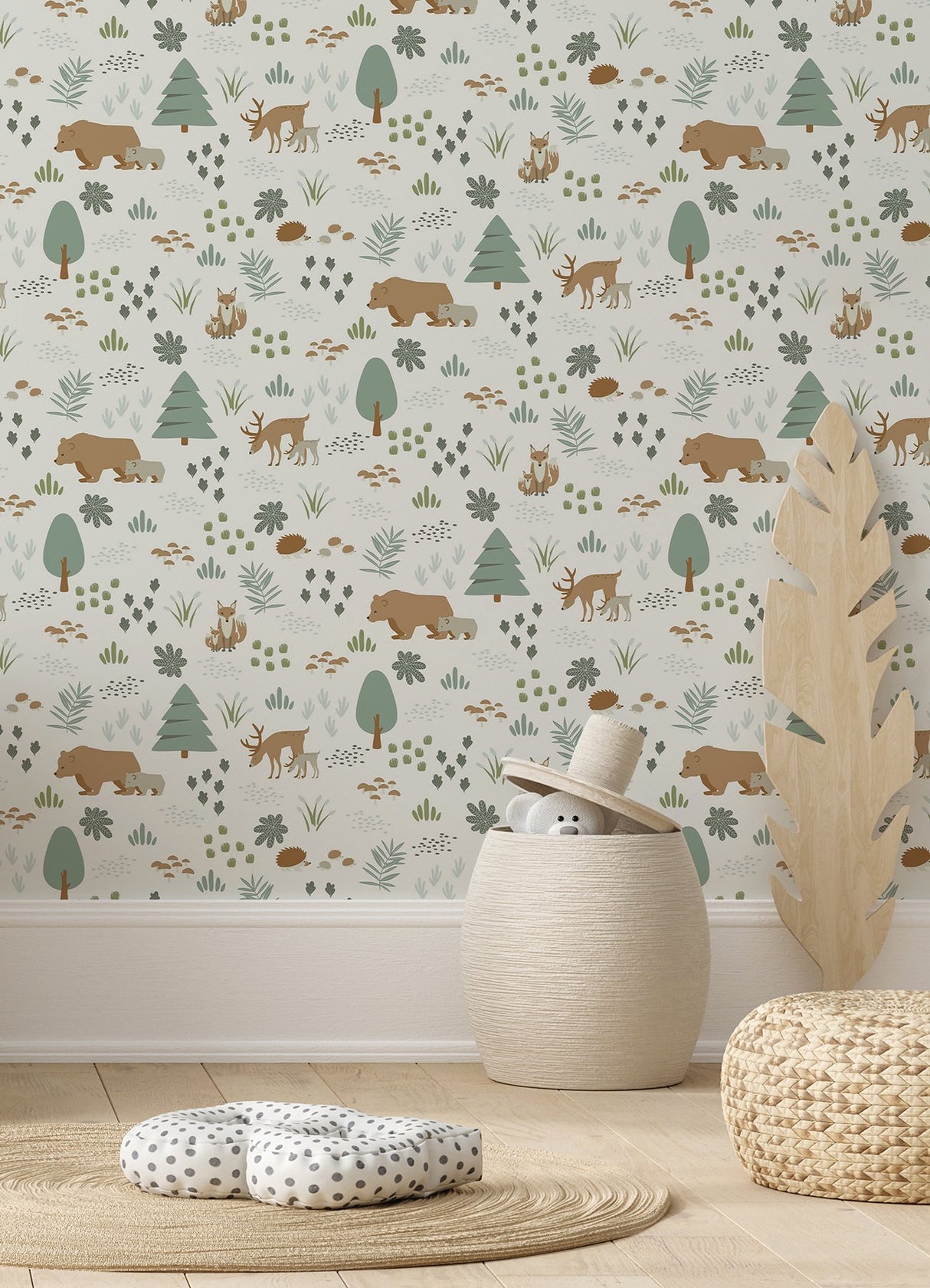 Finola Moss Bears Green Wallpaper with Kids Forest Animal Pattern - Chesapeake 4060-139247