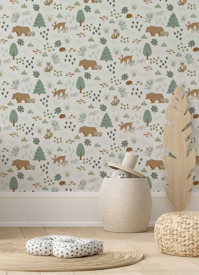 Finola Moss Bears Green Wallpaper with Kids Forest Animal Pattern - Chesapeake 4060-139247