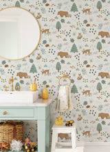 Finola Moss Bears Green Wallpaper with Kids Forest Animal Pattern - Chesapeake 4060-139247