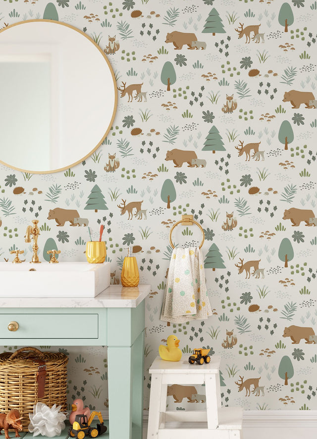 Finola Moss Bears Green Wallpaper with Kids Forest Animal Pattern - Chesapeake 4060-139247