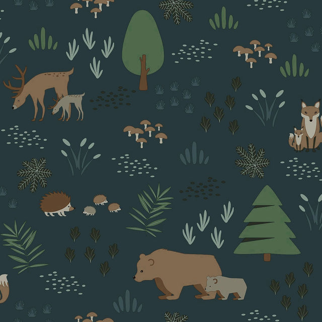 Finola Dark Blue Bears Wallpaper with Woodland Animals Pattern - Chesapeake 4060-139248