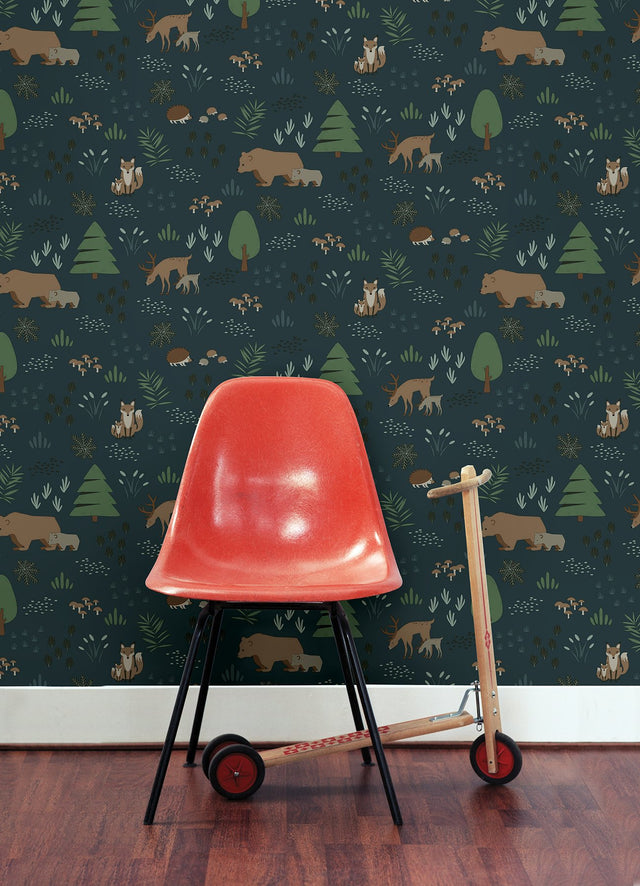 Finola Dark Blue Bears Wallpaper with Woodland Animals Pattern - Chesapeake 4060-139248