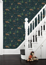 Finola Dark Blue Bears Wallpaper with Woodland Animals Pattern - Chesapeake 4060-139248