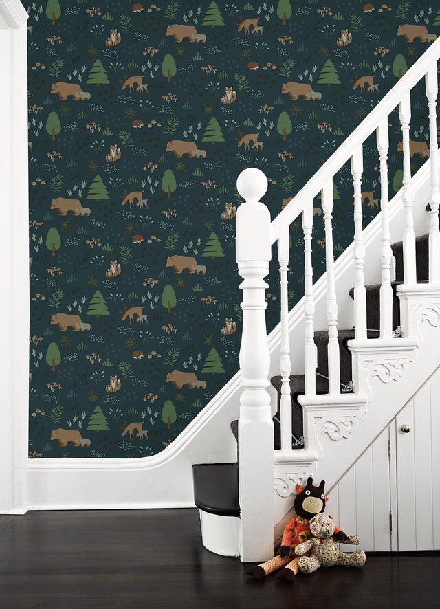 Finola Dark Blue Bears Wallpaper with Woodland Animals Pattern - Chesapeake 4060-139248