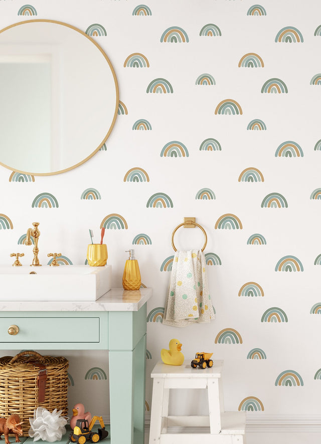 Joss Teal Rainbow Wallpaper with Kids Geometric Graphic Motif - Chesapeake 4060-139254