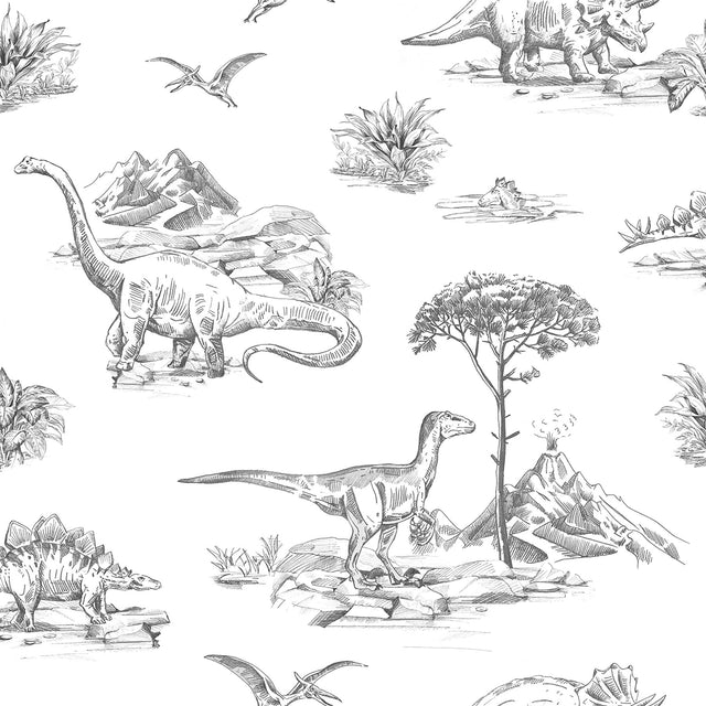 Isolde Charcoal Dinosaurs Wallpaper with Sketch Graphic Novelty Pattern - Chesapeake 4060-139269