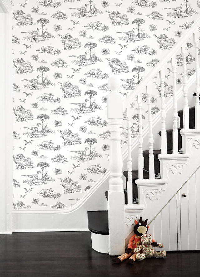 Isolde Charcoal Dinosaurs Wallpaper with Sketch Graphic Novelty Pattern - Chesapeake 4060-139269