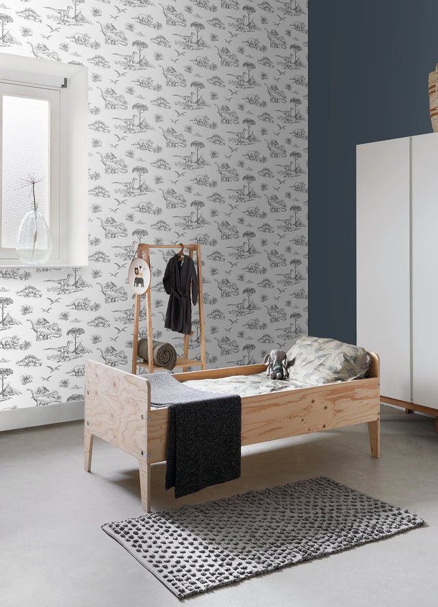Isolde Charcoal Dinosaurs Wallpaper with Sketch Graphic Novelty Pattern - Chesapeake 4060-139269