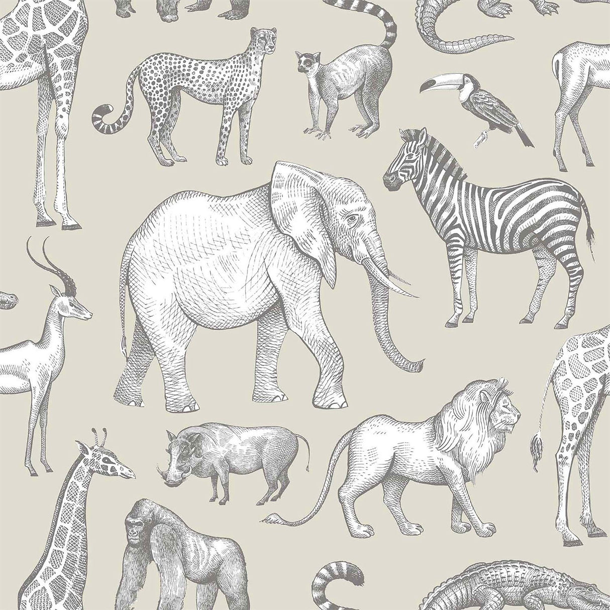 Kenji Taupe Safari Wallpaper with Illustrative Savannah Animals - Chesapeake 4060-139270