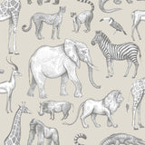 Kenji Taupe Safari Wallpaper with Illustrative Savannah Animals - Chesapeake 4060-139270