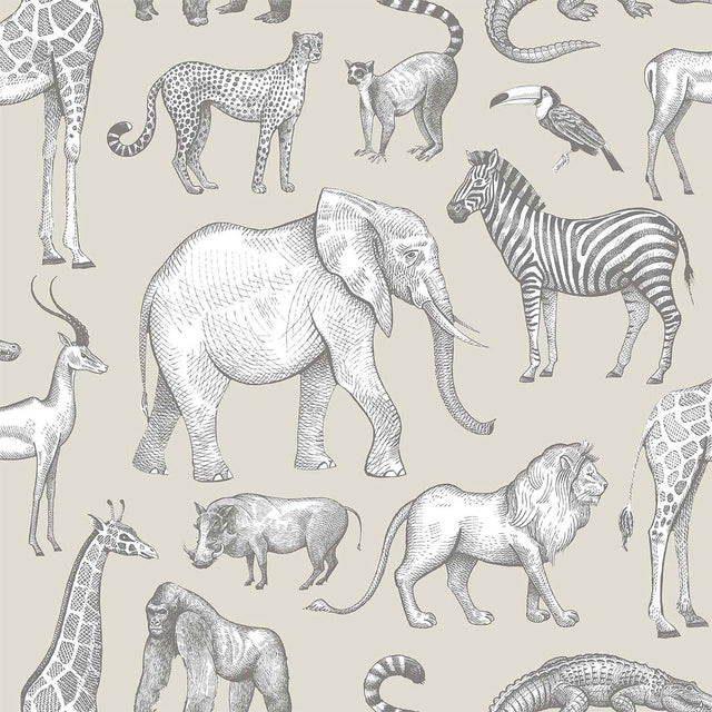Kenji Taupe Safari Wallpaper with Illustrative Savannah Animals - Chesapeake 4060-139270