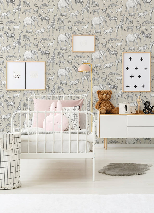 Kenji Taupe Safari Wallpaper with Illustrative Savannah Animals - Chesapeake 4060-139270