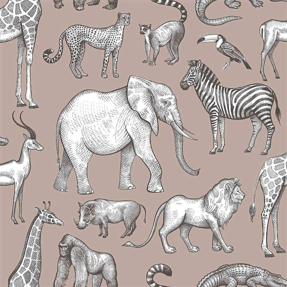 Kenji Light Brown Safari Wallpaper with Kids Animal Motif - Chesapeake 4060-139271
