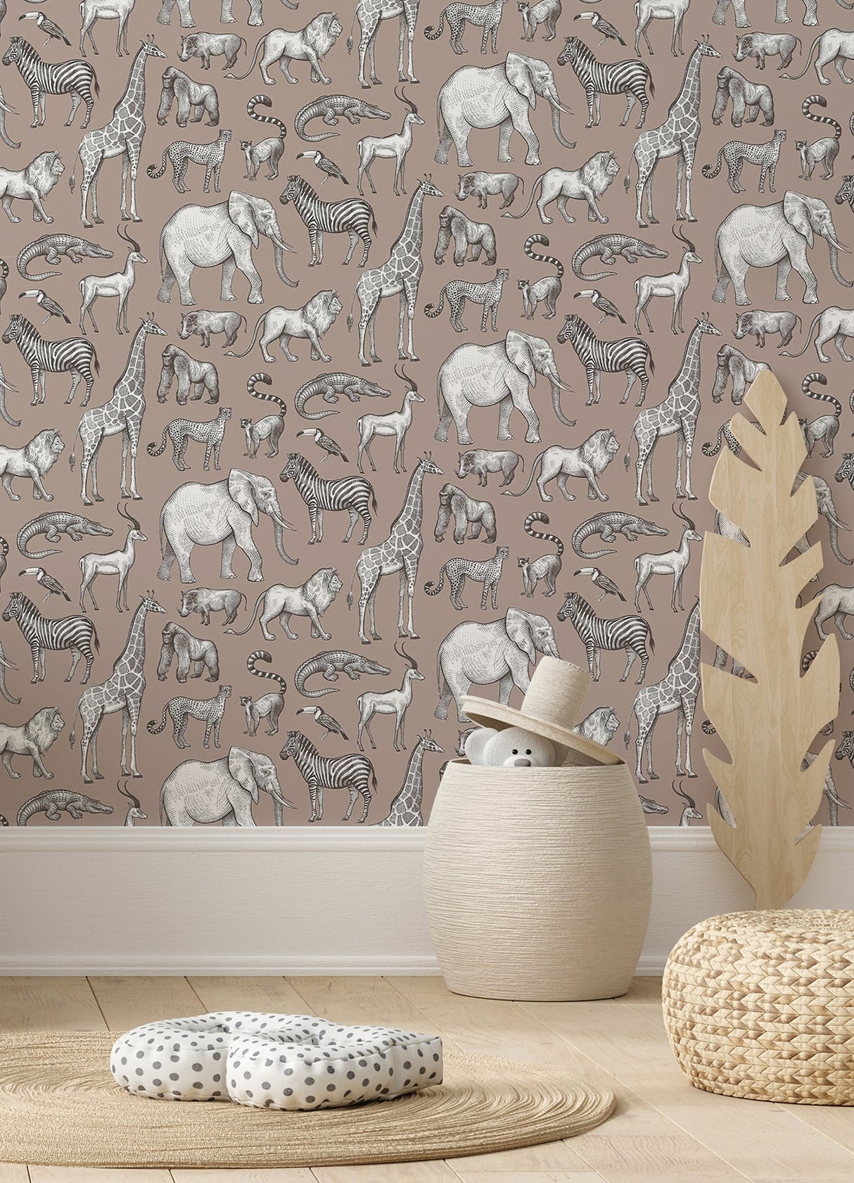 Kenji Light Brown Safari Wallpaper with Kids Animal Motif - Chesapeake 4060-139271