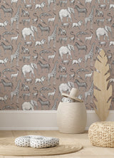 Kenji Light Brown Safari Wallpaper with Kids Animal Motif - Chesapeake 4060-139271
