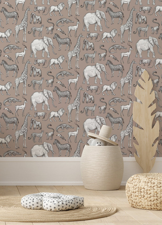 Kenji Light Brown Safari Wallpaper with Kids Animal Motif - Chesapeake 4060-139271