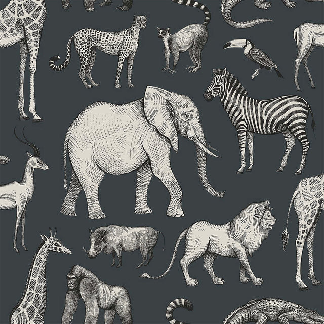 Kenji Navy Safari Wallpaper with Kids Animal Illustration Pattern - Chesapeake 4060-139272