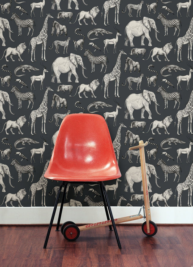 Kenji Navy Safari Wallpaper with Kids Animal Illustration Pattern - Chesapeake 4060-139272