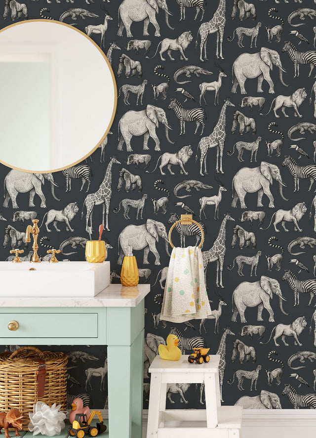 Kenji Navy Safari Wallpaper with Kids Animal Illustration Pattern - Chesapeake 4060-139272