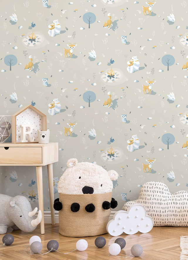 Jesper Beige Campfire Kids Wallpaper with Graphics Animals Pattern - Chesapeake 4060-31307