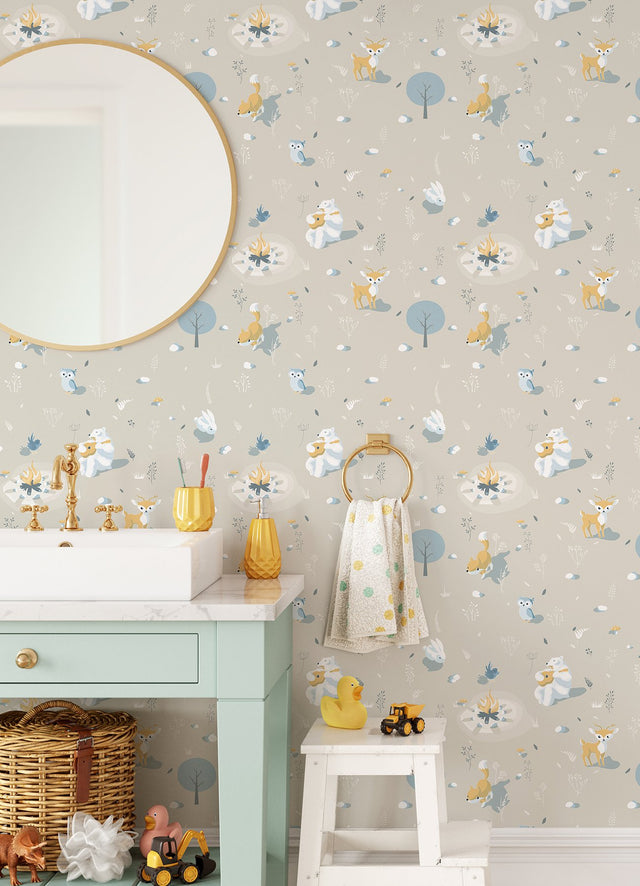 Jesper Beige Campfire Kids Wallpaper with Graphics Animals Pattern - Chesapeake 4060-31307