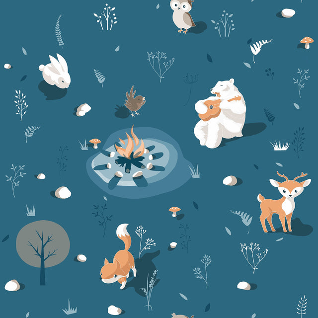 Jesper Blue Campfire Kids Graphics Wallpaper with Woodland Animals Pattern - Chesapeake 4060-31311