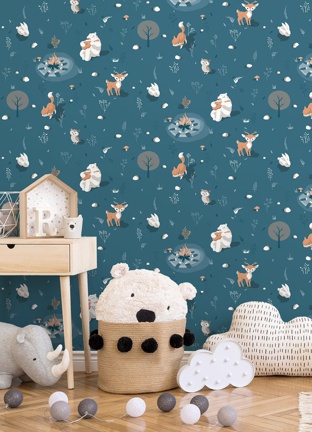Jesper Blue Campfire Kids Graphics Wallpaper with Woodland Animals Pattern - Chesapeake 4060-31311