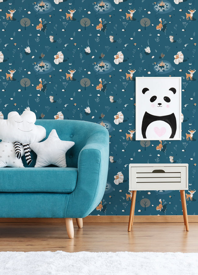 Jesper Blue Campfire Kids Graphics Wallpaper with Woodland Animals Pattern - Chesapeake 4060-31311
