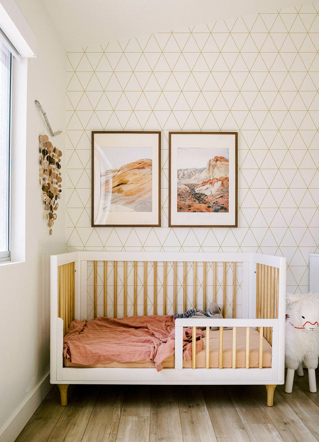 Leda Metallic Geometric White Wallpaper with Gold Triangular Pattern - Chesapeake 4060-347682
