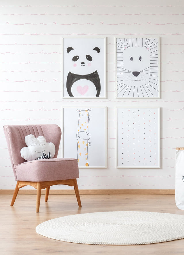 Love & Hearts Pink Script Wallpaper with Kids Novelty Graphics - Chesapeake 4060-381402