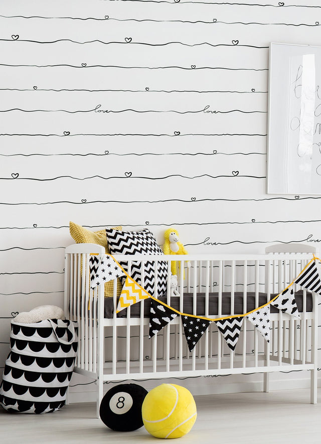 Love & Hearts Black Script Wallpaper with Novelty Kids Graphic in Black - Chesapeake 4060-381403
