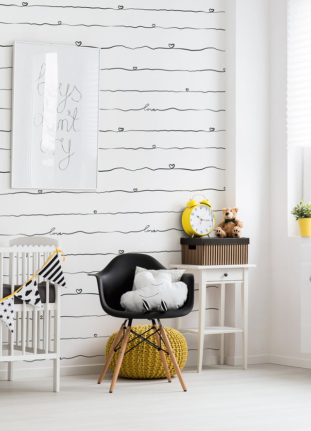 Love & Hearts Black Script Wallpaper with Novelty Kids Graphic in Black - Chesapeake 4060-381403