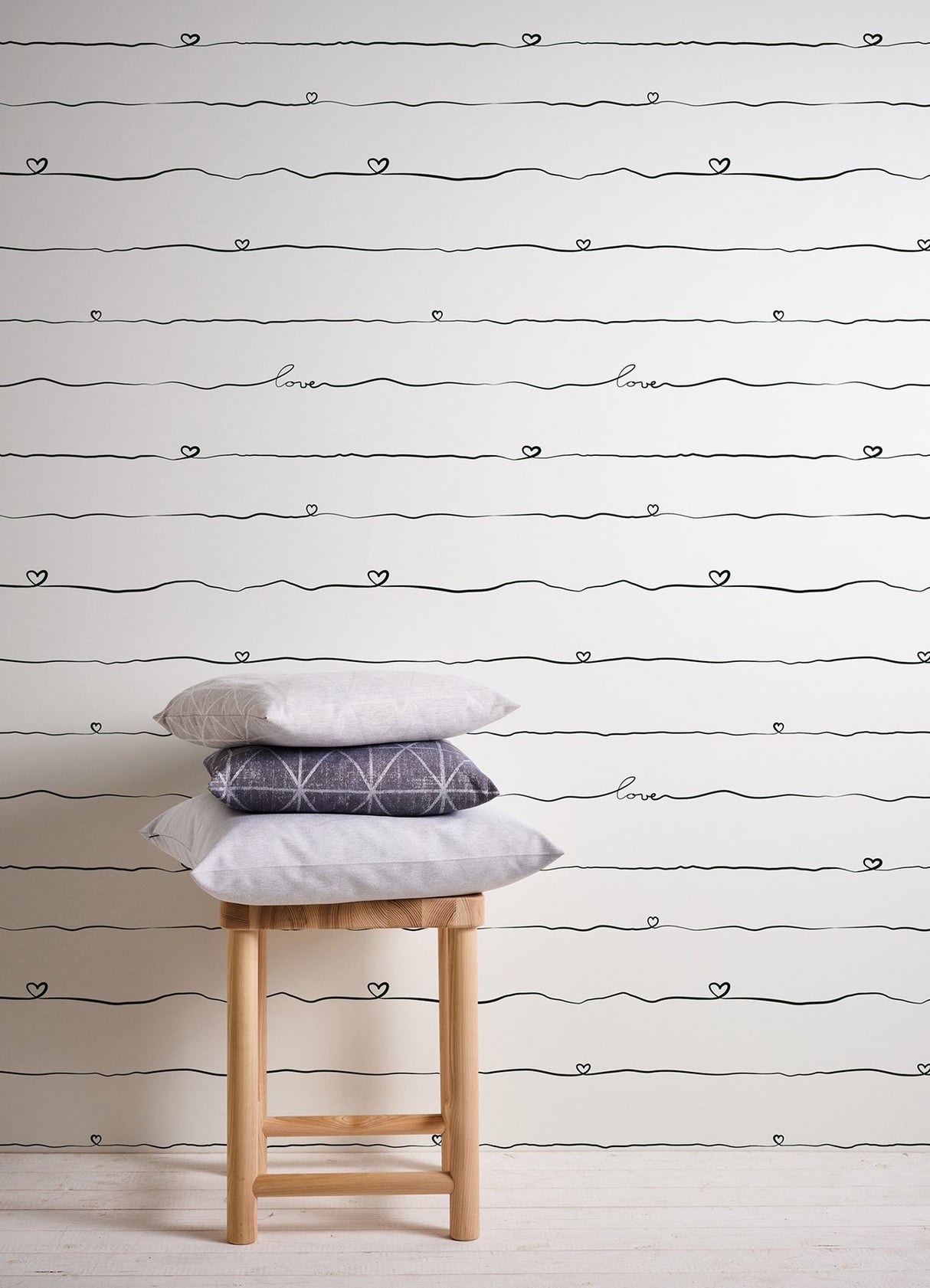 Love & Hearts Black Script Wallpaper with Novelty Kids Graphic in Black - Chesapeake 4060-381403