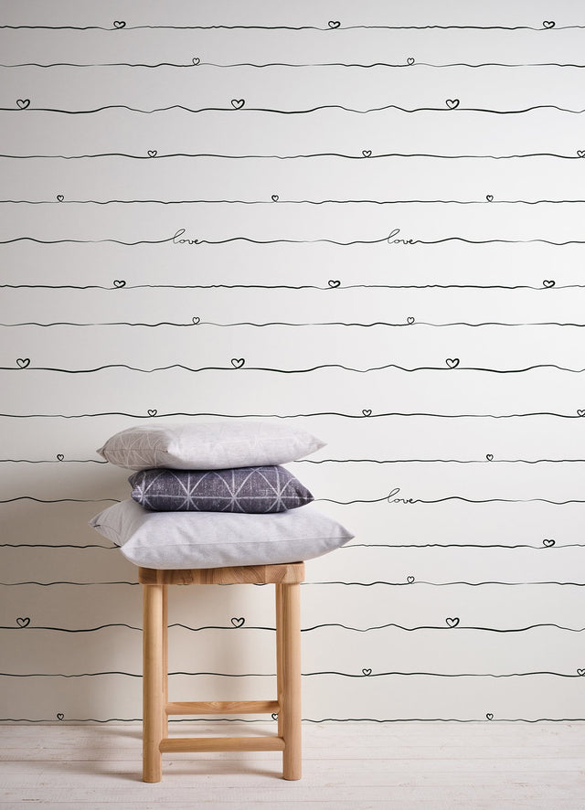 Love & Hearts Black Script Wallpaper with Novelty Kids Graphic in Black - Chesapeake 4060-381403
