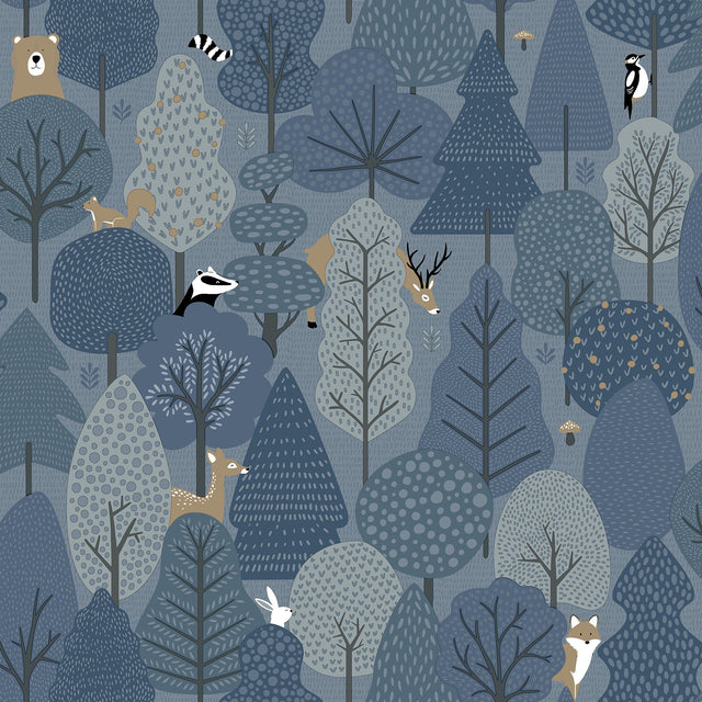 Quillen Indigo Forest Wallpaper with Whimsical Woodland Animals - Chesapeake 4060-51601