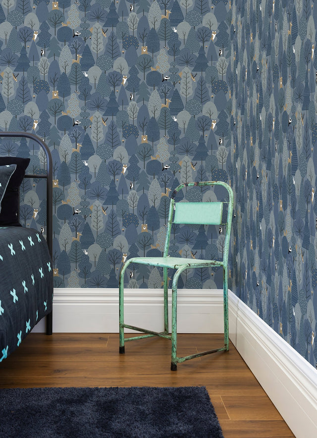 Quillen Indigo Forest Wallpaper with Whimsical Woodland Animals - Chesapeake 4060-51601