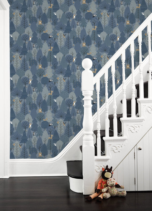 Quillen Indigo Forest Wallpaper with Whimsical Woodland Animals - Chesapeake 4060-51601