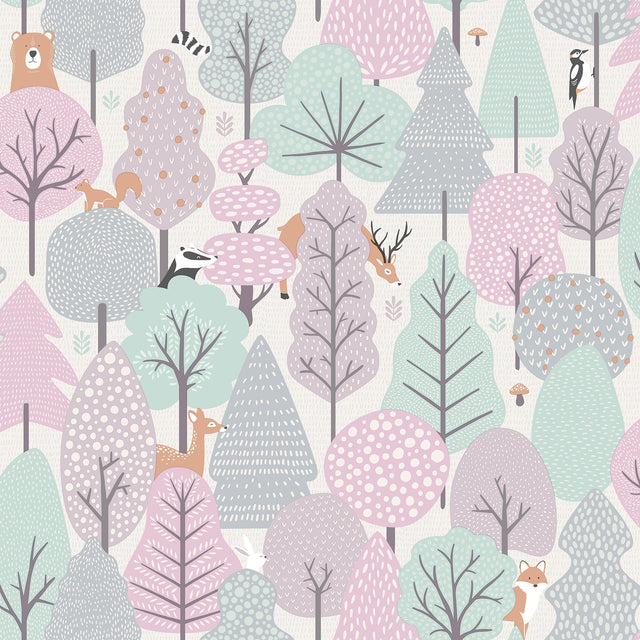 Quillen Pink Forest Kids Wallpaper with Foiled Woodland Animals Motif - Chesapeake 4060-51603