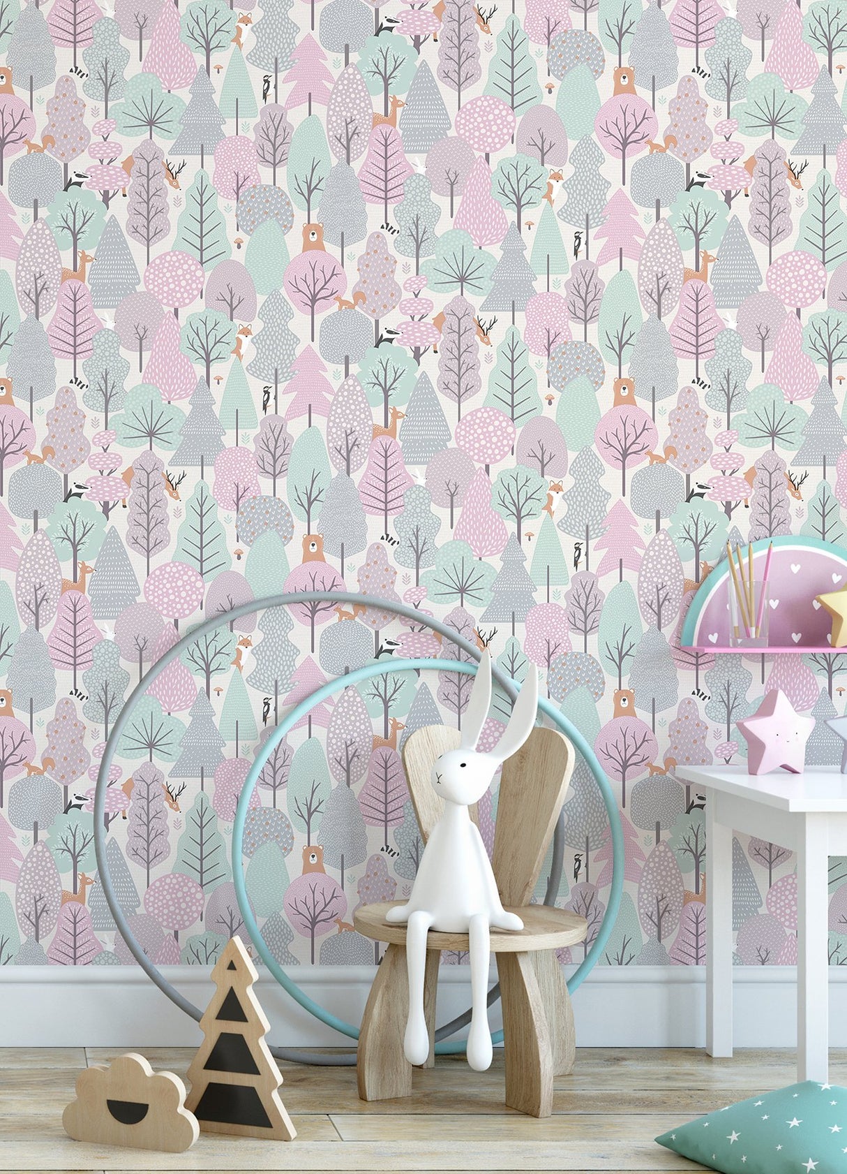 Quillen Pink Forest Kids Wallpaper with Foiled Woodland Animals Motif - Chesapeake 4060-51603