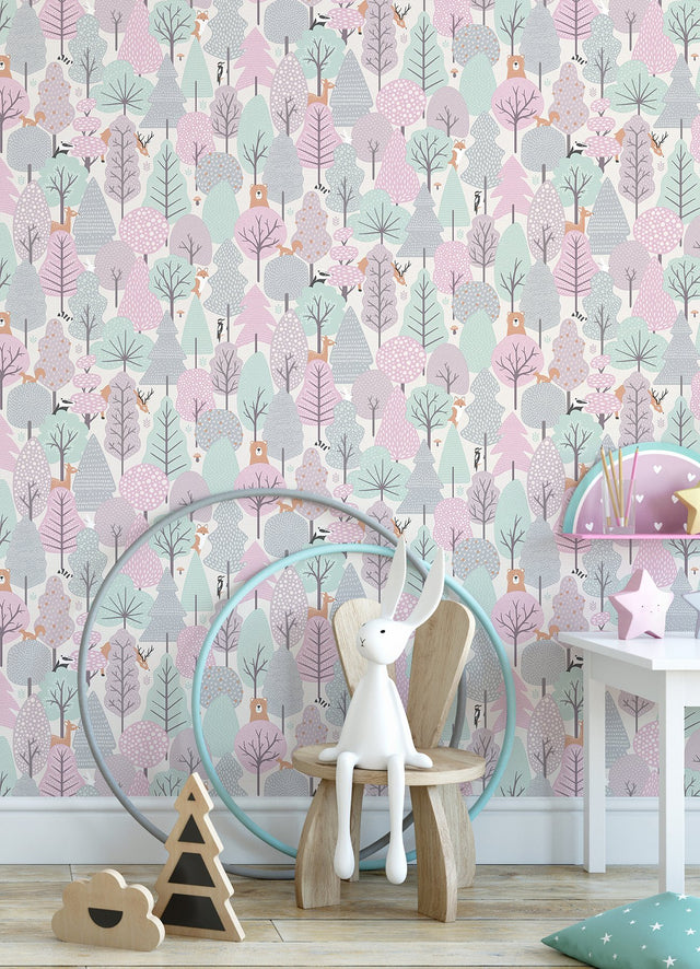 Quillen Pink Forest Kids Wallpaper with Foiled Woodland Animals Motif - Chesapeake 4060-51603