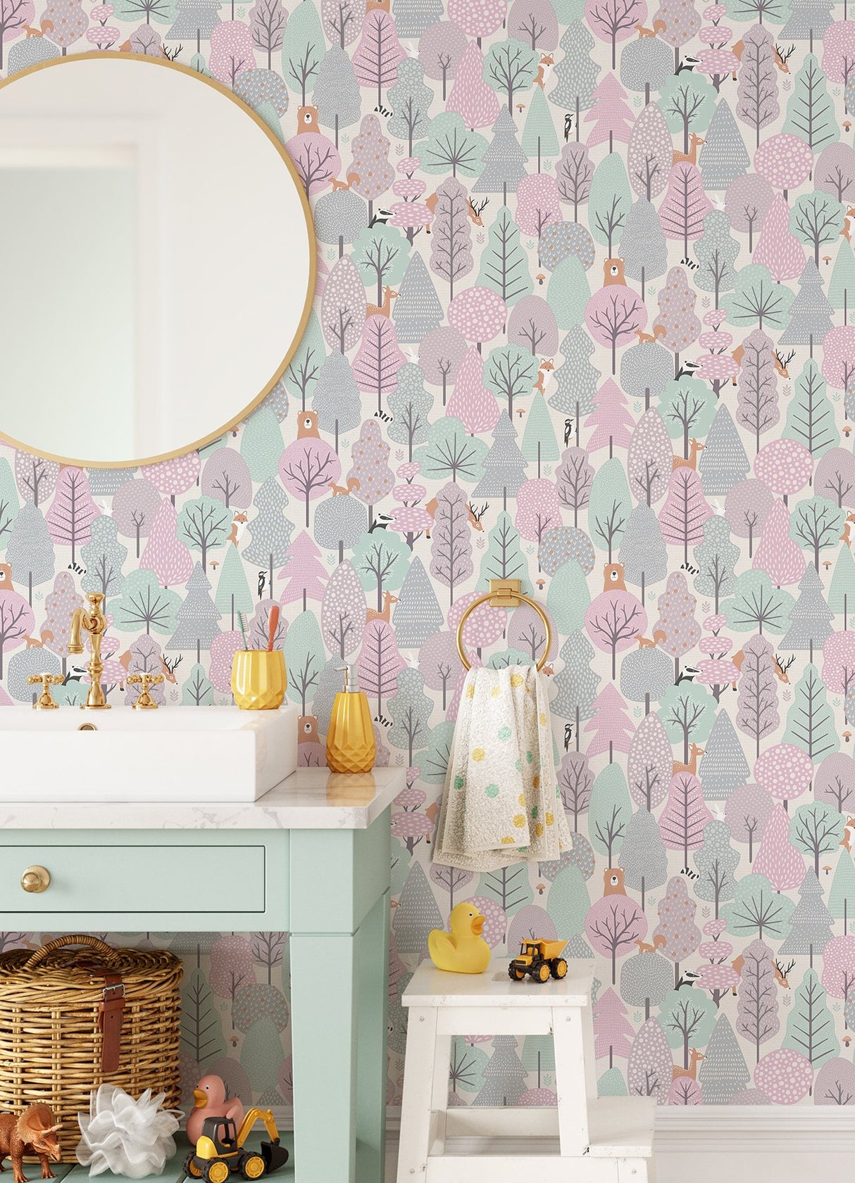 Quillen Pink Forest Kids Wallpaper with Foiled Woodland Animals Motif - Chesapeake 4060-51603