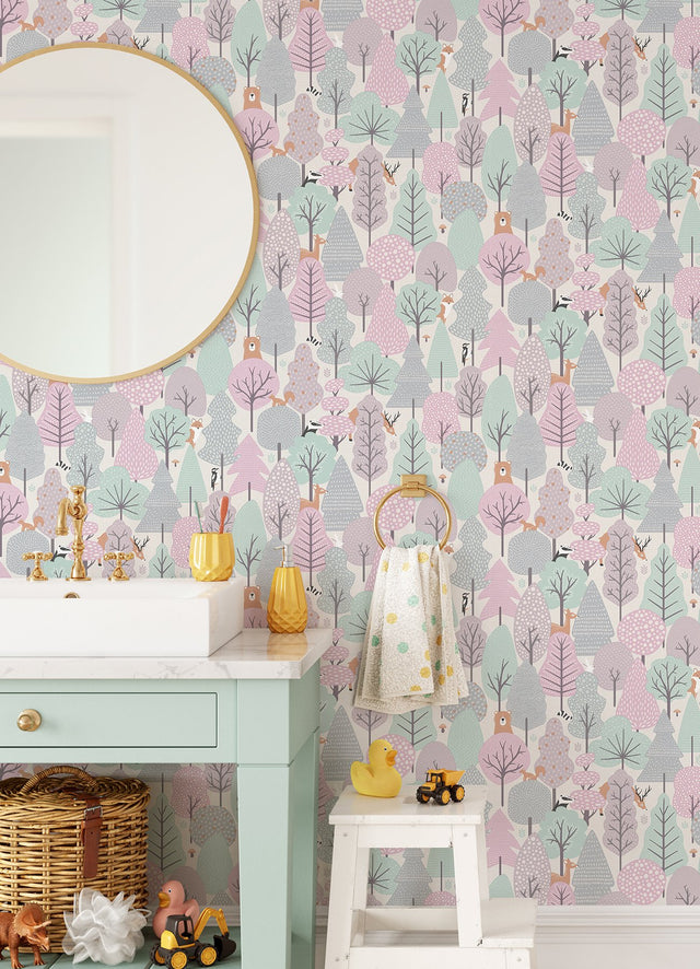 Quillen Pink Forest Kids Wallpaper with Foiled Woodland Animals Motif - Chesapeake 4060-51603