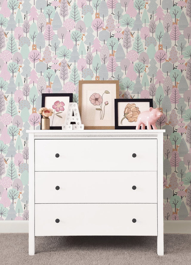 Quillen Pink Forest Kids Wallpaper with Foiled Woodland Animals Motif - Chesapeake 4060-51603
