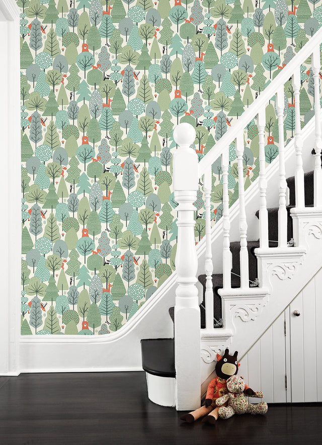 Quillen Green Forest Wallpaper with Whimsical Woodland Animals  Chesapeake 4060-51604
