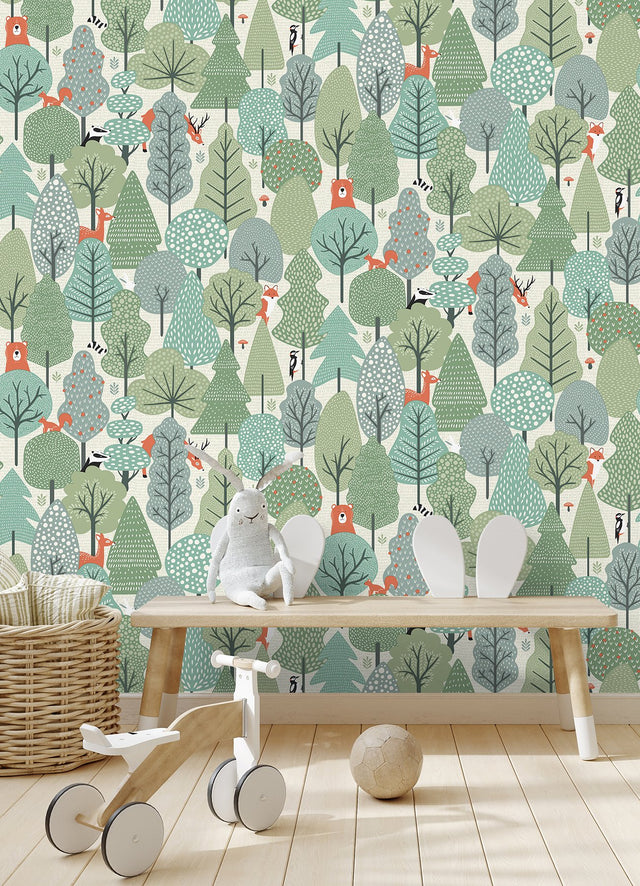 Quillen Green Forest Wallpaper with Whimsical Woodland Animals  Chesapeake 4060-51604