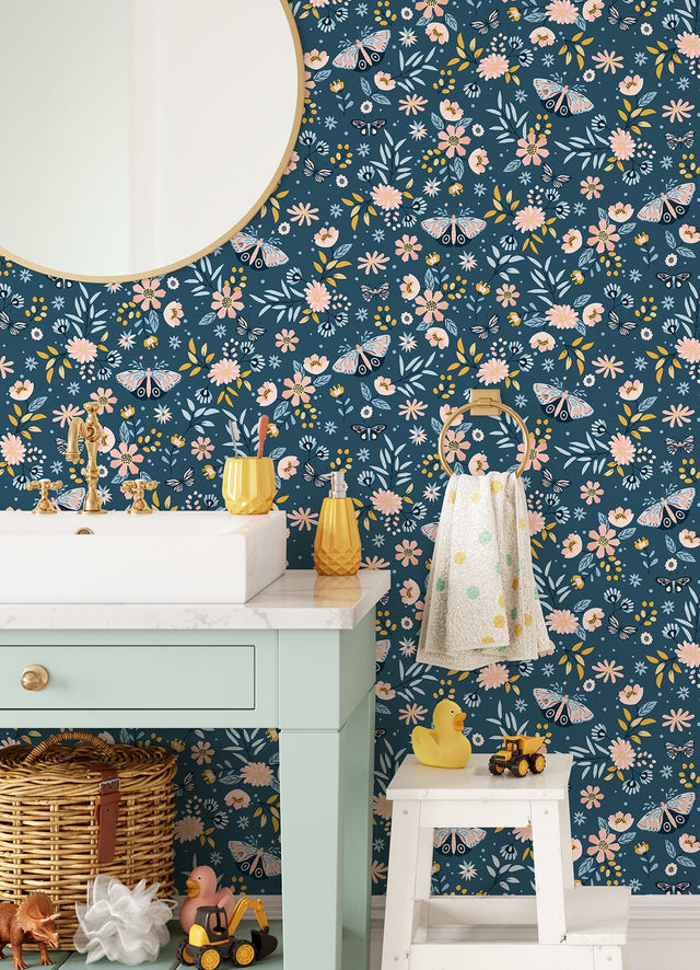 Zev Blue Butterfly Wallpaper with Kids Non Woven Pattern - Chesapeake 4060-58101
