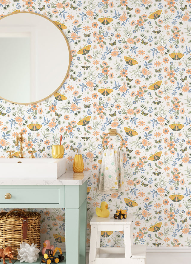Zev Coral Butterfly Wallpaper with Kids Floral and Butterflies Pattern - Chesapeake 4060-58105