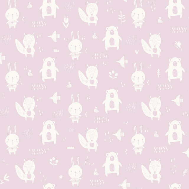Bitsy Pink Woodland Wallpaper with White Cartoon Animal Motif - Chesapeake 4060-91303